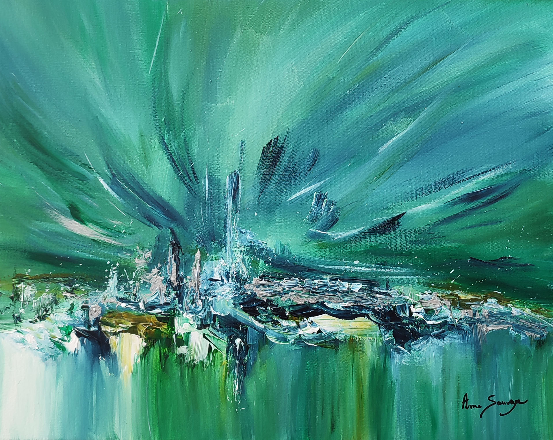 Tableau Abstrait Moderne Avec Feuilles D'or - 85x125 Cm, Toile Peinte, Cadre Inclus